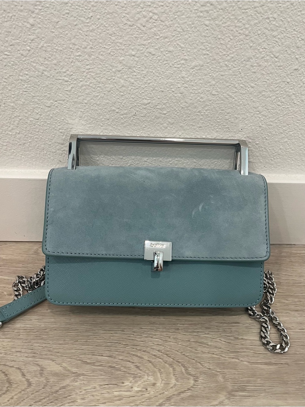 Botkier Cobble Hill Leather Suede Crossbody Bag Dusty Blue Silver NWT Brand New